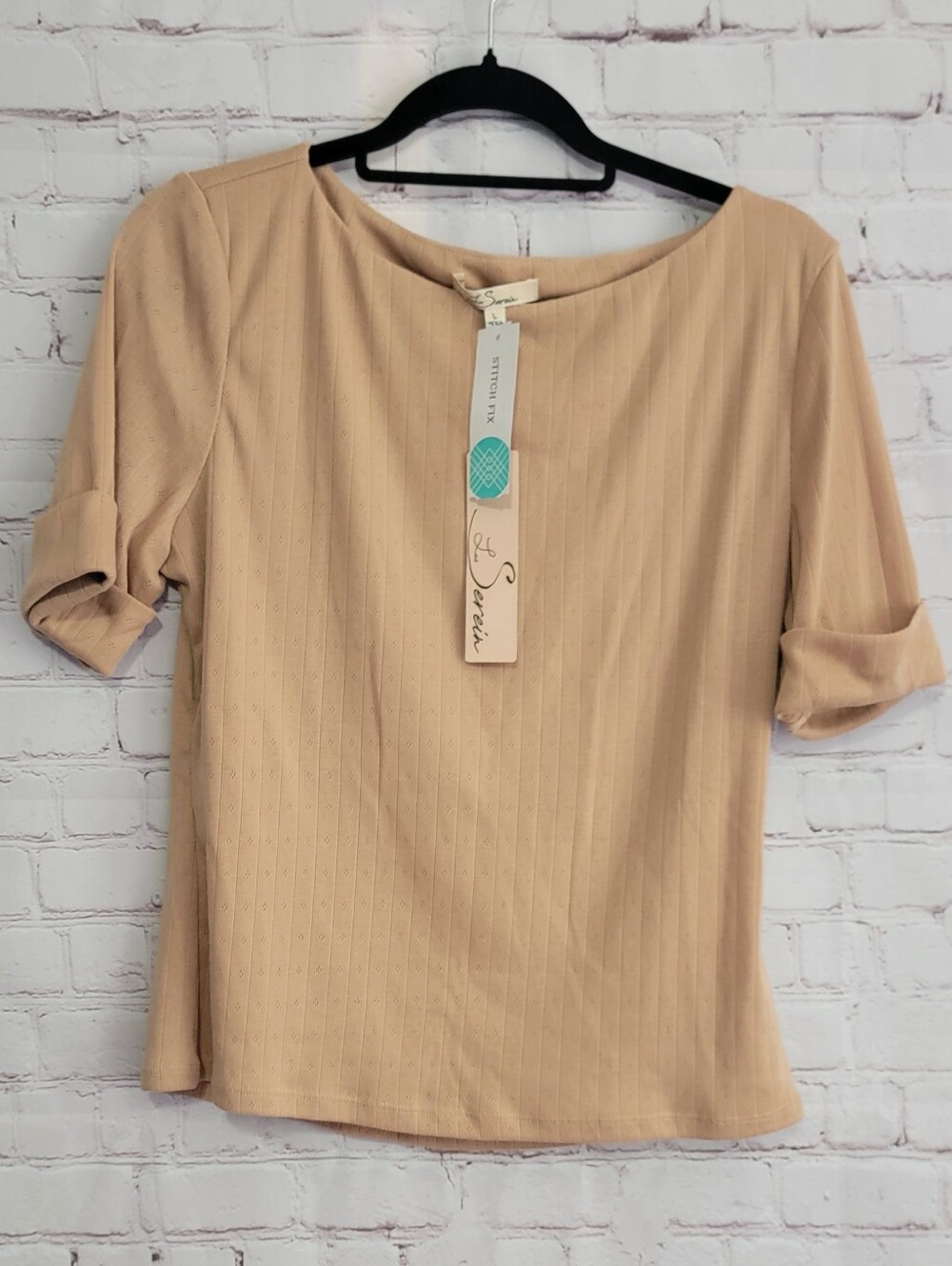 Les Serein Women's Beige Short-Sleeve Ribbed Top Large NWT